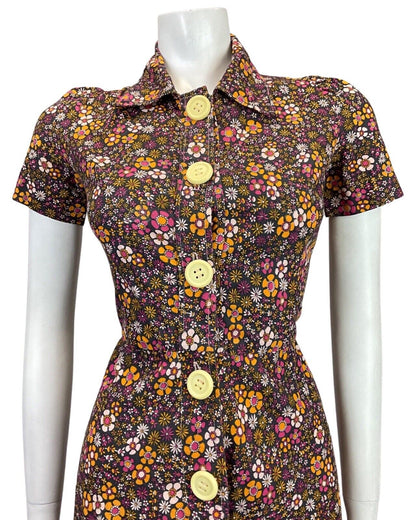 VINTAGE 60s 70s BLACK PINK PURPLE ORANGE FLORAL DITSY MOD DAGGER SHIRT DRESS 8