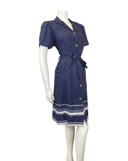 VINTAGE 60s 70s NAVY BLUE WHITE POLKA-DOT DITSY FLOWER SHIRT DRESS 12 14