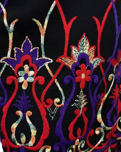 VINTAGE 60s 70s BLACK RED PURPLE GOLD EMBROIDERED FLORAL SWIRL MOD DRESS 12 14