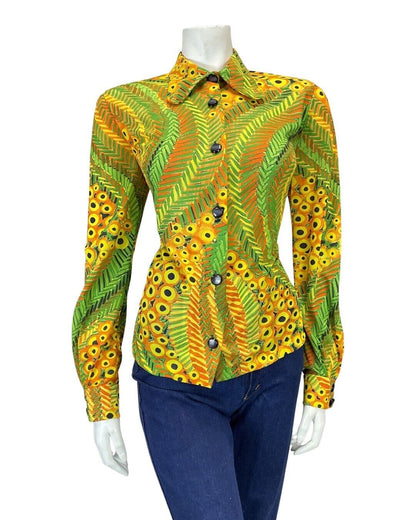 VINTAGE 60s 70s YELLOW GREEN PSYCHEDELIC DOTTY BEAGLE COLLAR MOD SHIRT 12 14