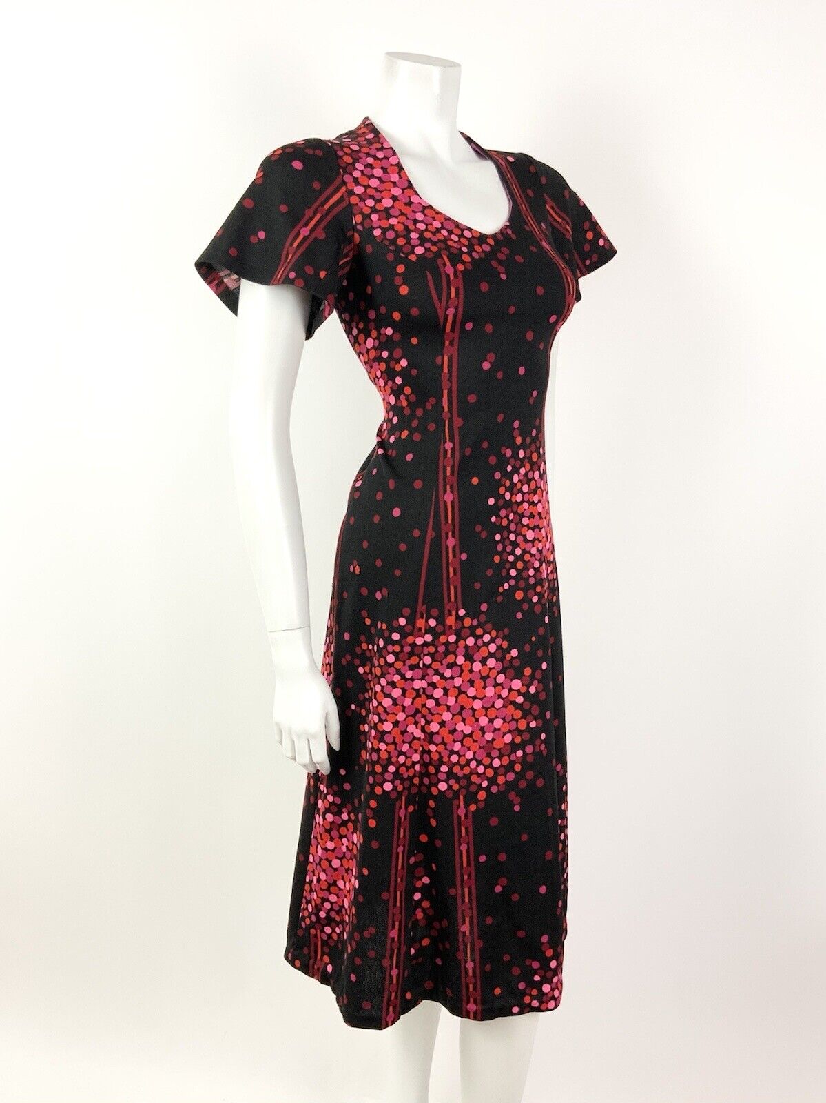 VINTAGE 60s 70s BLACK PINK RED ORANGE DOTTY STRIPE FIT & FLARE DRESS 12 14