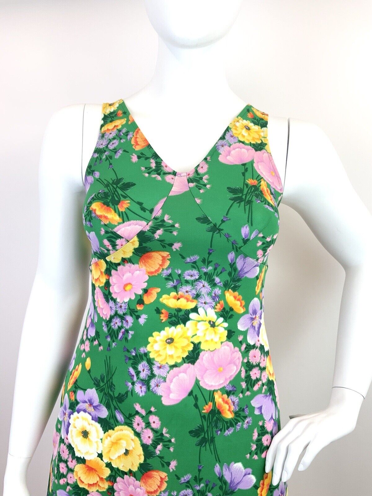 VINTAGE 60s 70s GREEN PURPLE YELLOW FLORAL SLEEVELESS SUMMER SWING DRESS 14