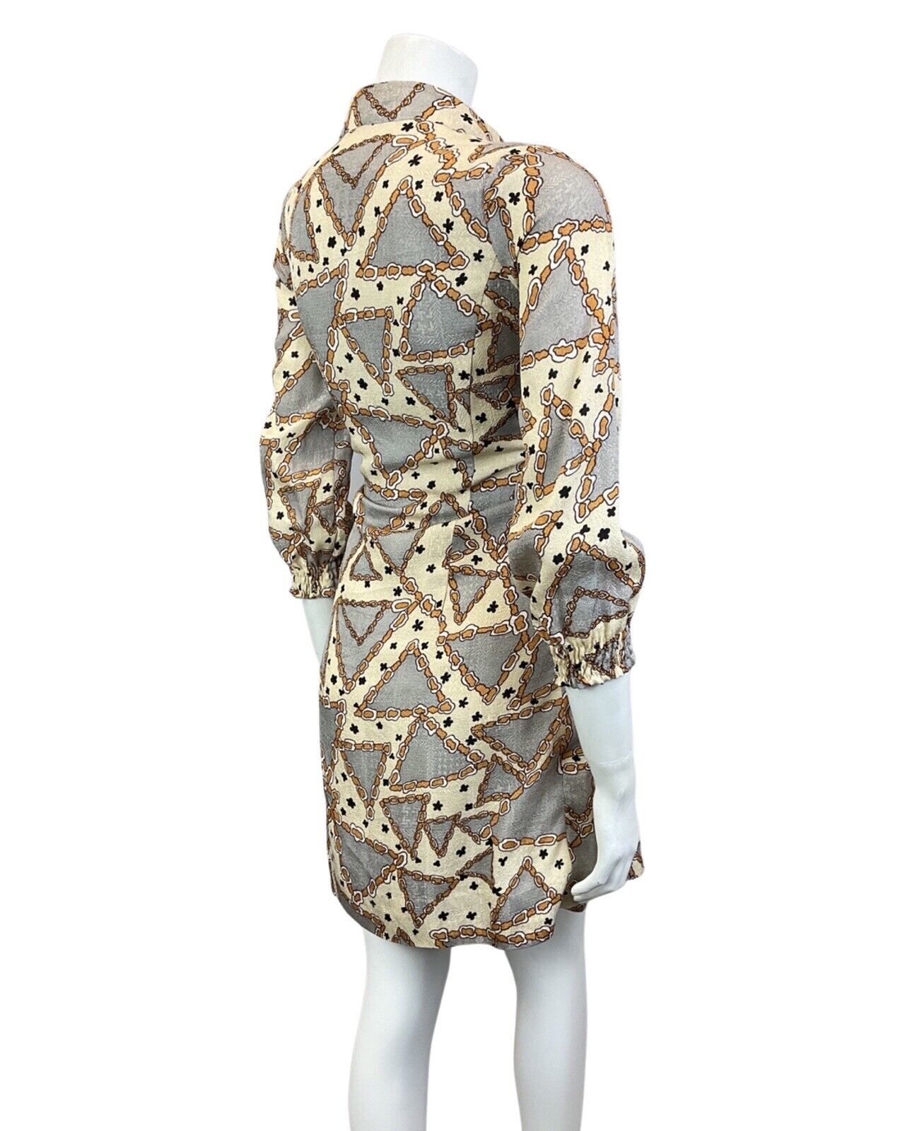 VINTAGE 60s 70s CREAM SILVER BROWN GLITTERY GEOMETRIC CHAIN MOD SHORT DRESS 10