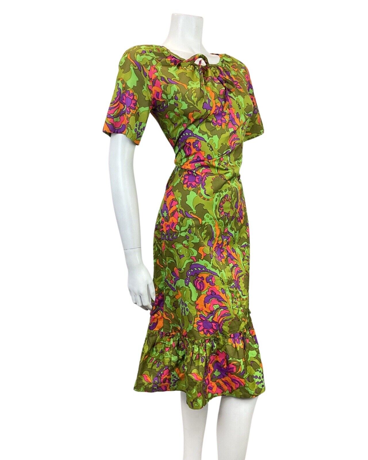VINTAGE 60s 70s GREEN PURPLE ORANGE PSYCHEDELIC FLORAL SUMMER DRESS 12