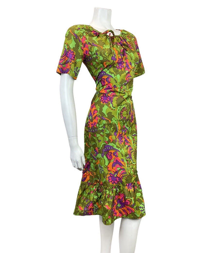 VINTAGE 60s 70s GREEN PURPLE ORANGE PSYCHEDELIC FLORAL SUMMER DRESS 12
