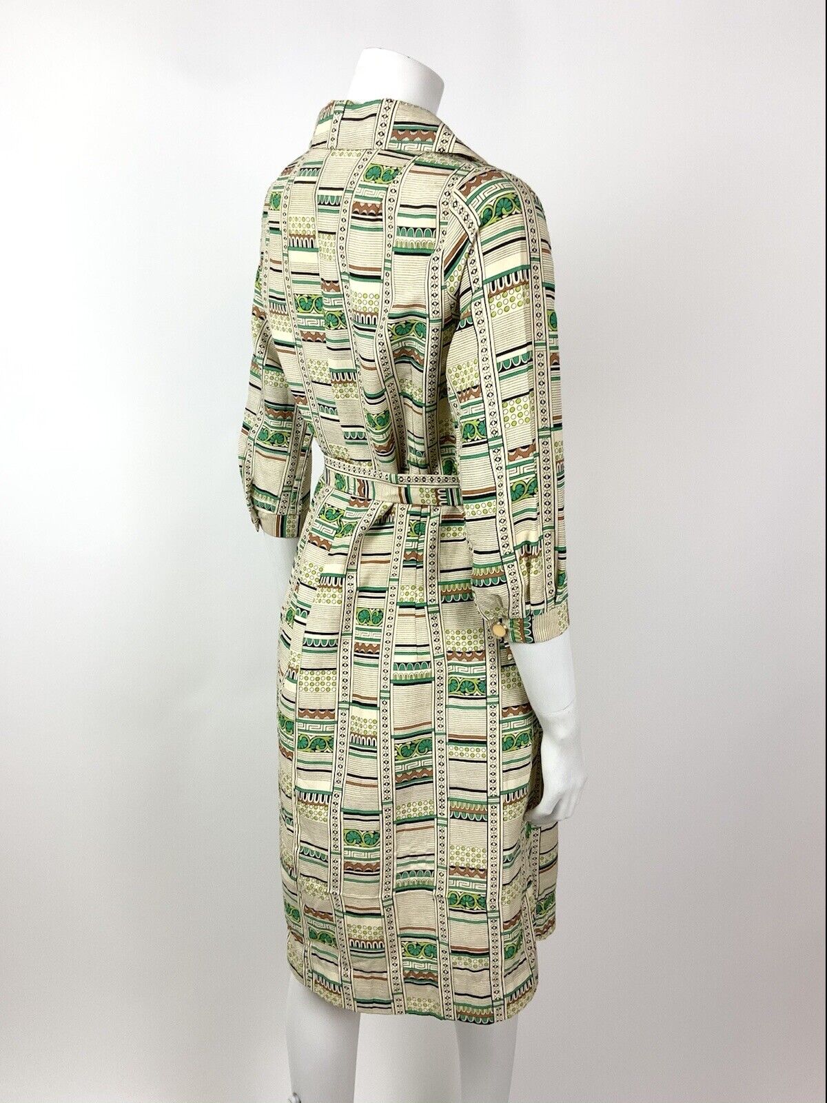 VTG 60s 70s CREAM GREEN BLACK BROWN STRIPED FLORAL GEOMETRIC SHIRT DRESS 14 16