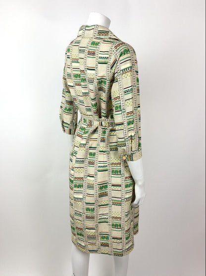VTG 60s 70s CREAM GREEN BLACK BROWN STRIPED FLORAL GEOMETRIC SHIRT DRESS 14 16