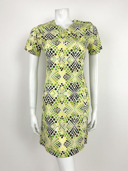 VINTAGE 60s 70s WHITE GREEN BLACK YELLOW OP-ART POLKA DOT PSYCHEDELIC DRESS 12