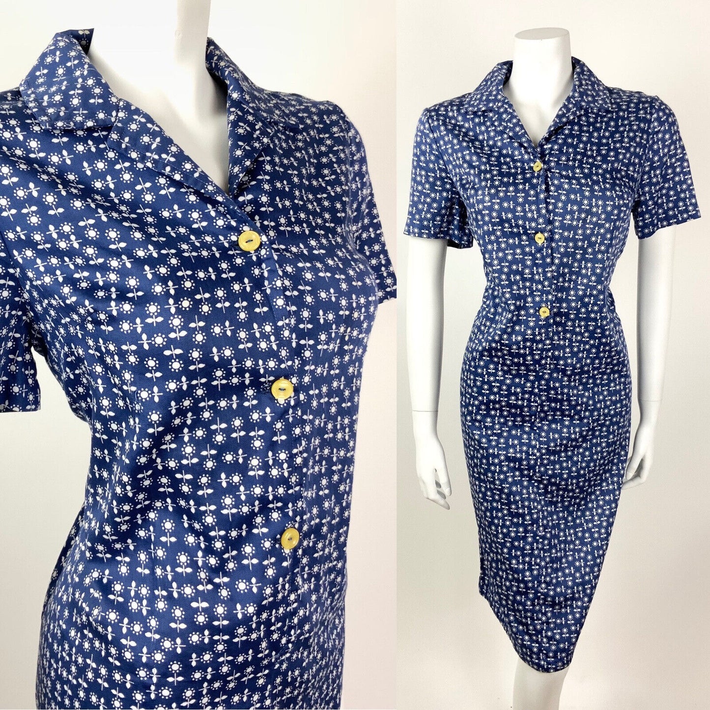 VINTAGE 60s 70s BLUE WHITE FLORAL DAISY SHIRT SHIFT DRESS 14 16