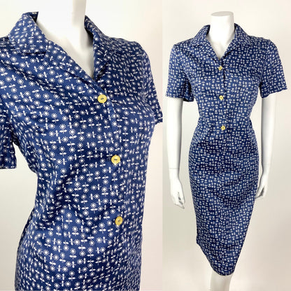 VINTAGE 60s 70s BLUE WHITE FLORAL DAISY SHIRT SHIFT DRESS 14 16