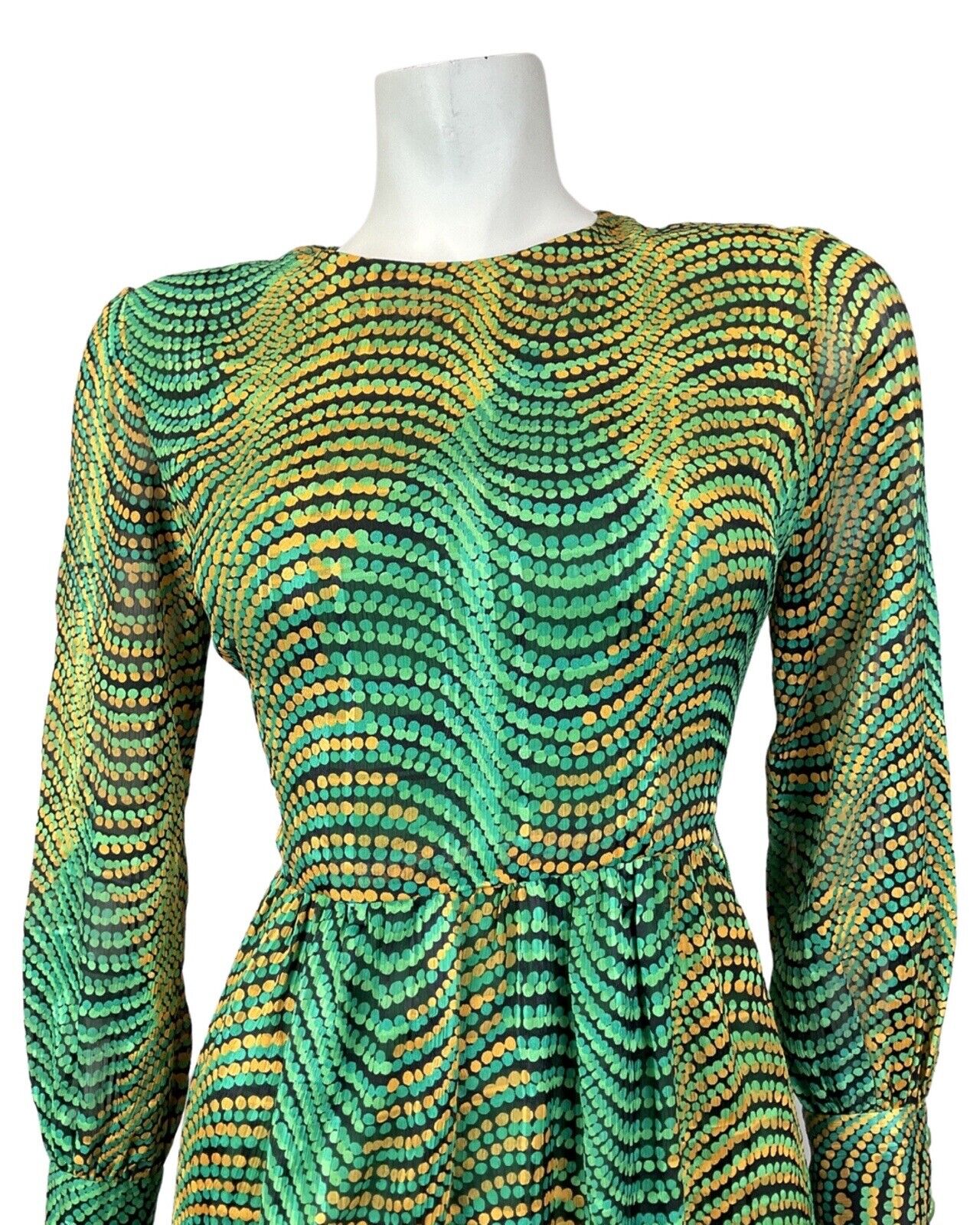VINTAGE 60s 70s GREEN GOLD BLACK PSYCHEDELIC WAVY DOTTY SWING DRESS 10