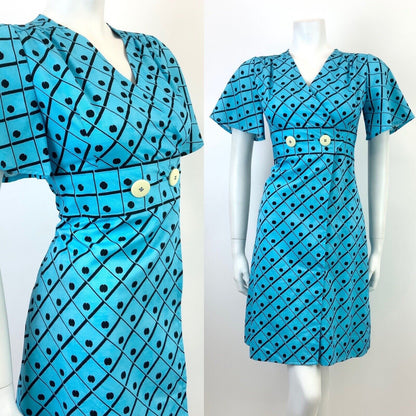 VINTAGE 60s 70s BRIGHT BLUE BLACK GRID CHECKED DOTTY BELL SLEEVE MOD DRESS 8 10