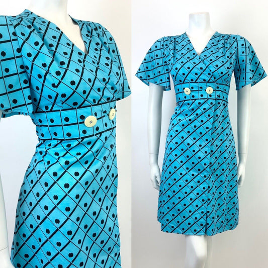 VINTAGE 60s 70s BRIGHT BLUE BLACK GRID CHECKED DOTTY BELL SLEEVE MOD DRESS 8 10