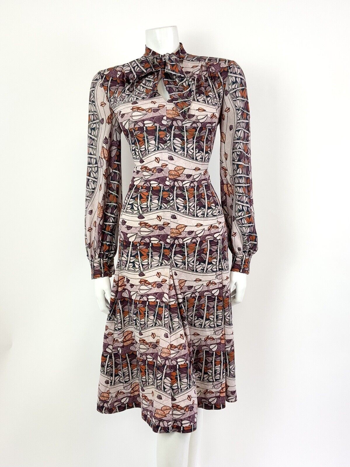 VTG 60s 70s PURPLE PINK ORANGE LEAFY TREE VINE PSYCHEDELIC PUSSYBOW DRESS 14 16