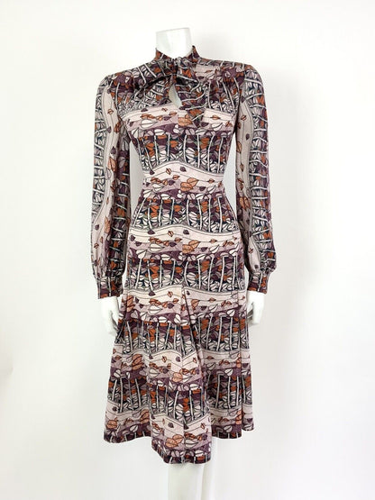 VTG 60s 70s PURPLE PINK ORANGE LEAFY TREE VINE PSYCHEDELIC PUSSYBOW DRESS 14 16