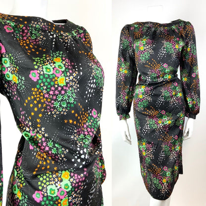 VTG 60s 70s BLACK GREEN PINK WHITE DOTTY FLORAL PSYCHEDELIC SHIFT DRESS 14 16