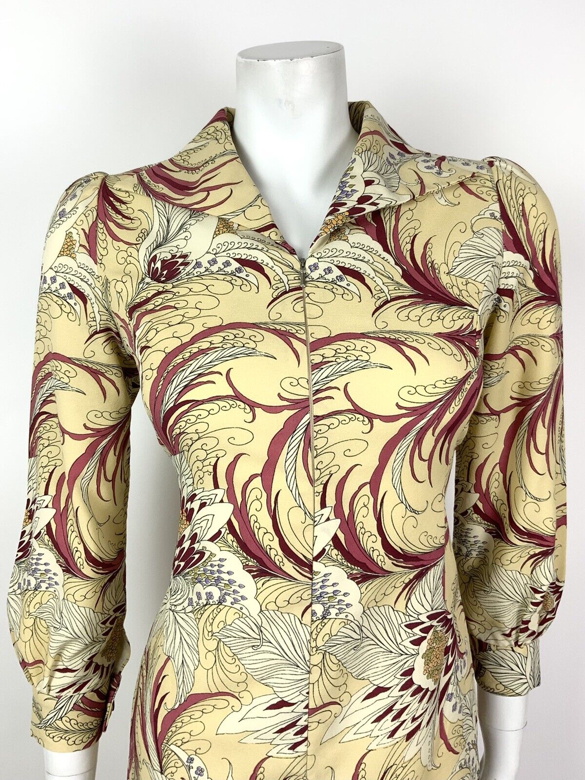 VINTAGE 60s 70s CREAM RED WHITE FLORAL FEATHER SWIRL SHIRT DRESS 8 10
