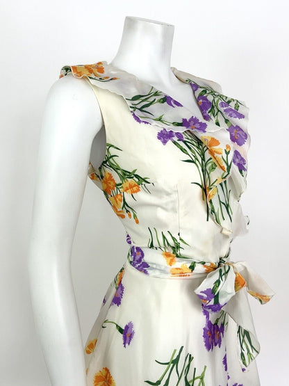 VINTAGE 60s 70s WHITE ORANGE PURPLE GREEN FLORAL FLOATY RUFFLE SHEER DRESS 10 12