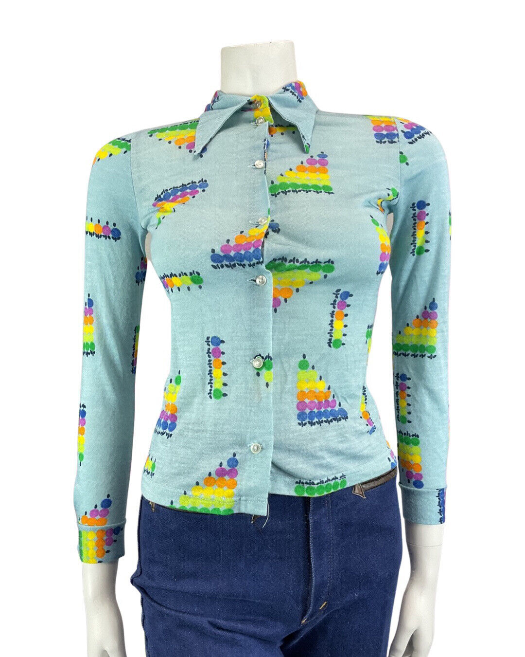 VINTAGE 60s 70s BLUE GREEN YELLOW GEOMETRIC DOTTY MOD DAGGER COLLAR SHIRT 4