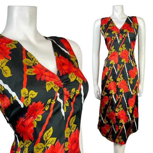 VINTAGE 60s 70s BLACK RED GOLD FLORAL SLEEVELESS SUMMER DRESS 8
