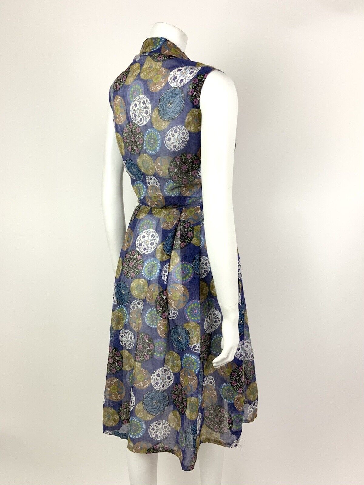 VINTAGE 60s 70s BLUE BLUE PINK GREEN DOTTY FLORAL MANDALA SHEER SUMMER DRESS 12