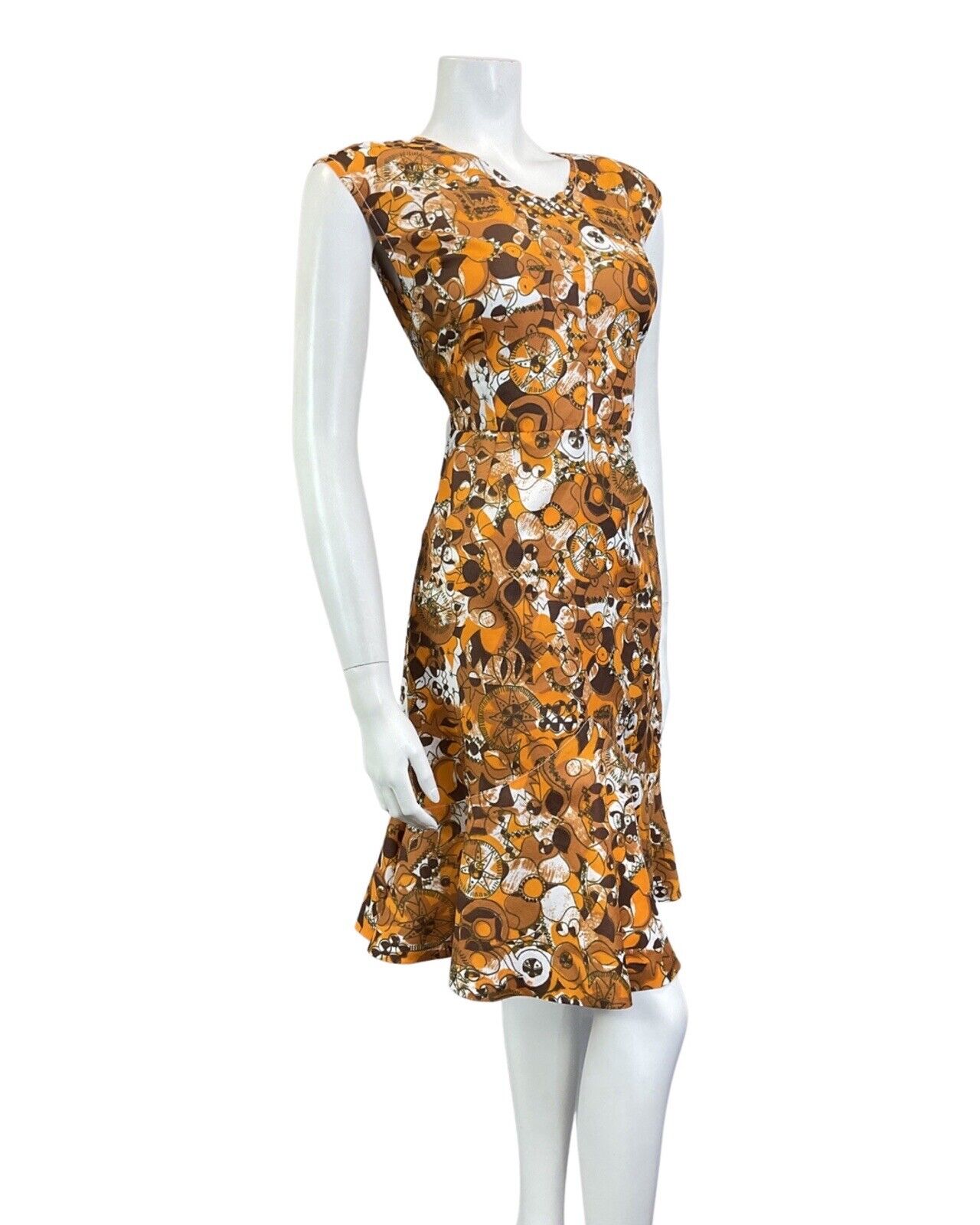 VINTAGE 60s 70s ORANGE BROWN WHITE PSYCHEDELIC ABSTRACT SLEEVELESS DRESS 10 12