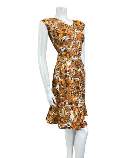 VINTAGE 60s 70s ORANGE BROWN WHITE PSYCHEDELIC ABSTRACT SLEEVELESS DRESS 10 12