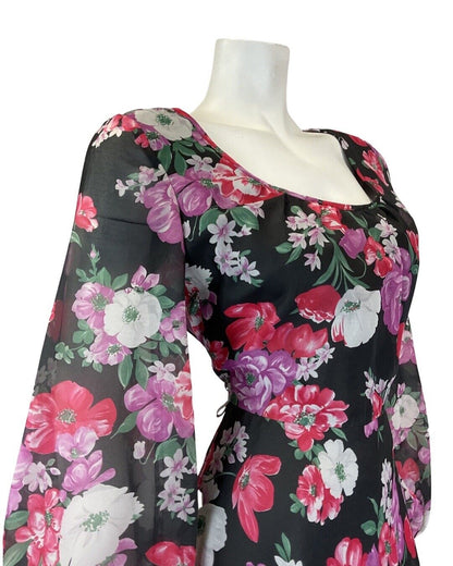 VINTAGE 60s 70s BLACK PINK PURPLE FLORAL SHEER FLOATY MIDI SWING DRESS 10