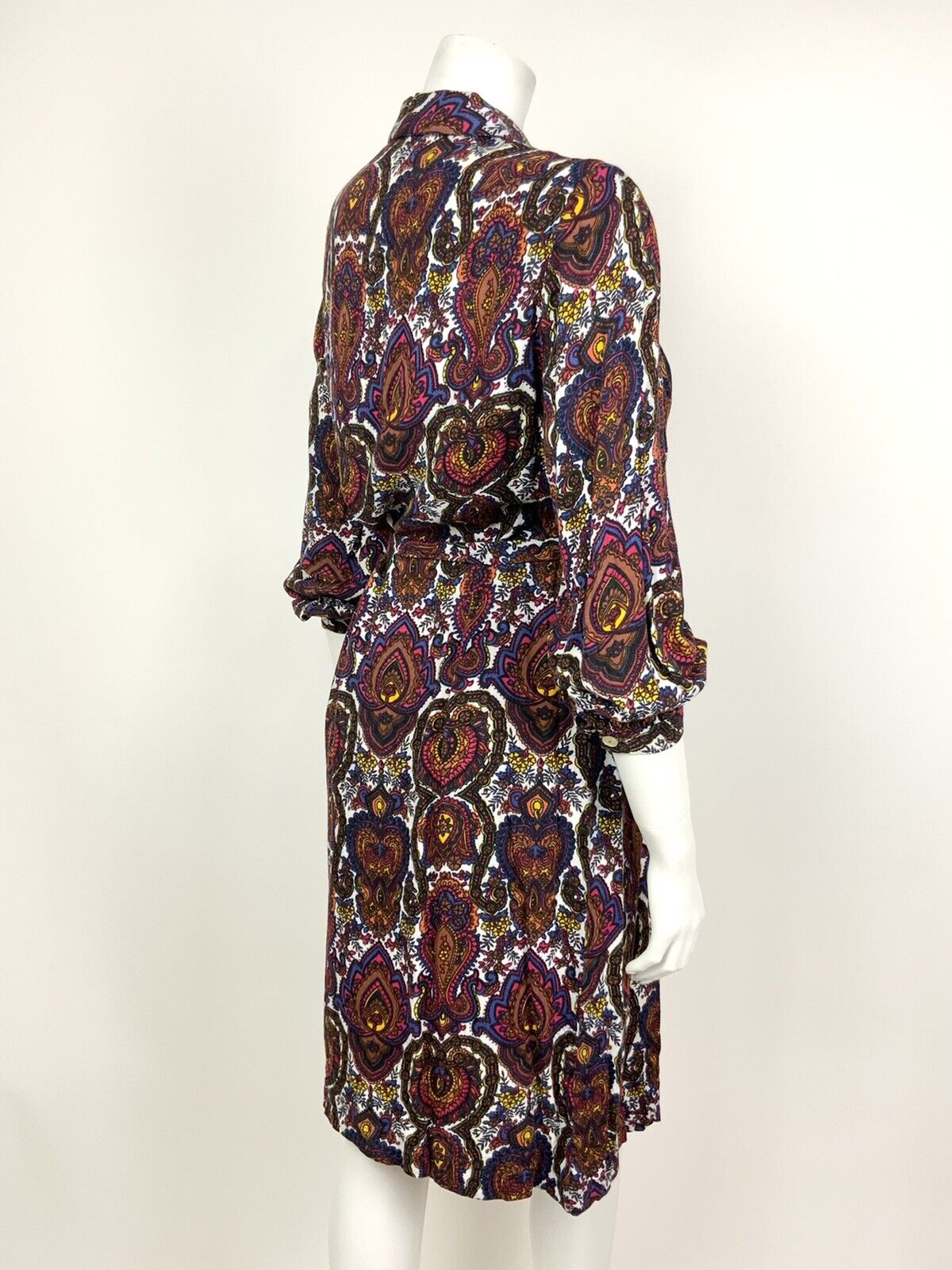VTG 60s 70s WHITE BROWN BLUE RED PSYCHEDELIC PAISLEY FLORAL SHIRT DRESS 12 14