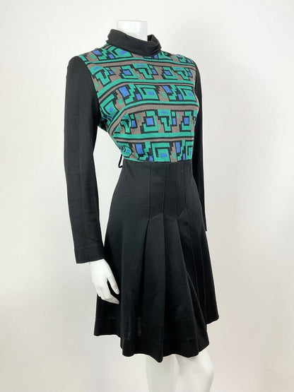 VINTAGE 60s 70s BLACK GREEN BLUE GEOMETRIC TURTLENECK PLEATED SKATER DRESS 14 16