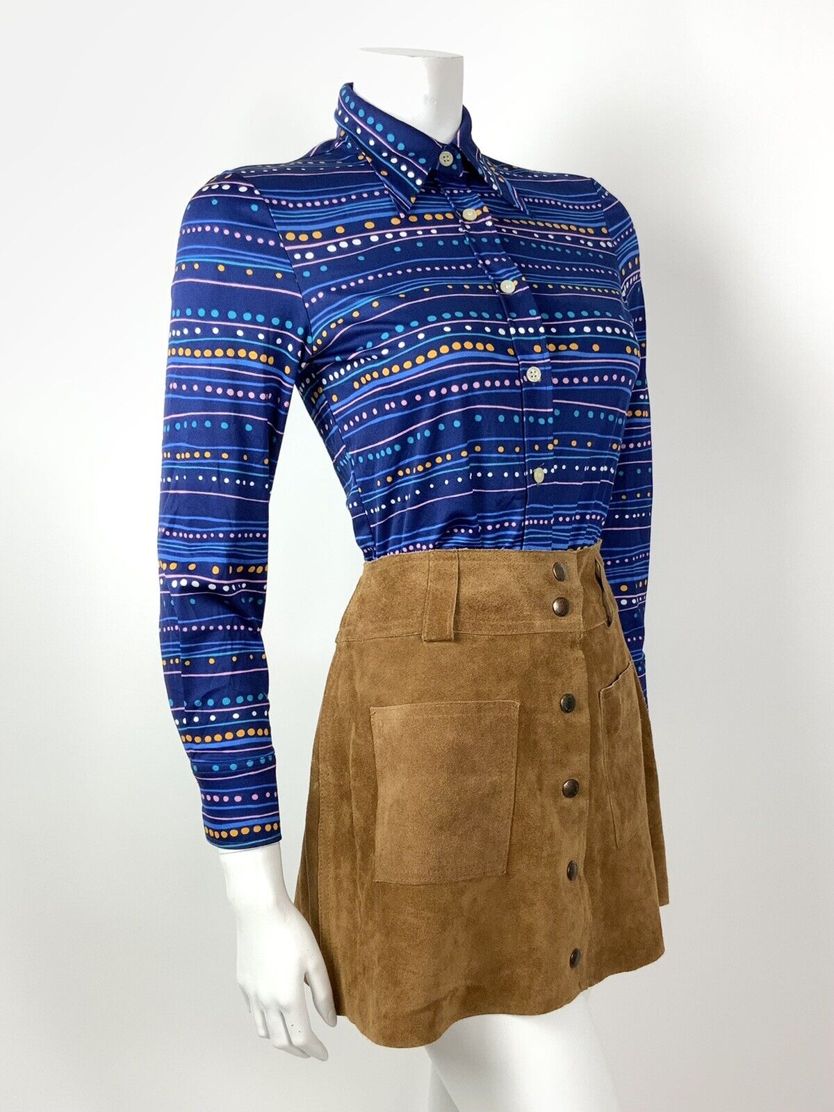 VTG 70s 90s BLUE PINK ORANGE WHITE STRIPED DOTTY PSYCHEDELIC DAGGER SHIRT 8 10