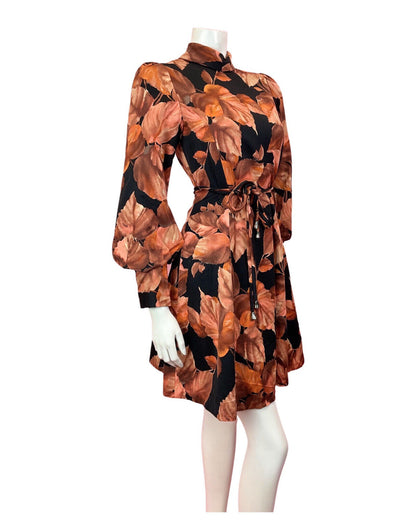 VTG 60s 70s ORANGE BROWN BLACK LEAFY TURTLENECK BISHOP SLEEVE SWING DRESS 8