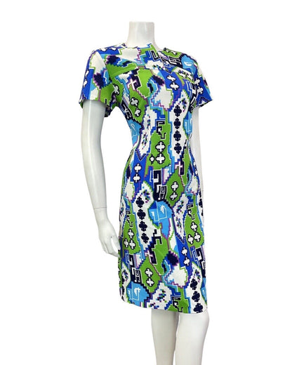 VINTAGE 60s 70s BLUE GREEN WHITE GEOMETRIC PSYCHEDELIC PIXEL MOD DRESS 14 16
