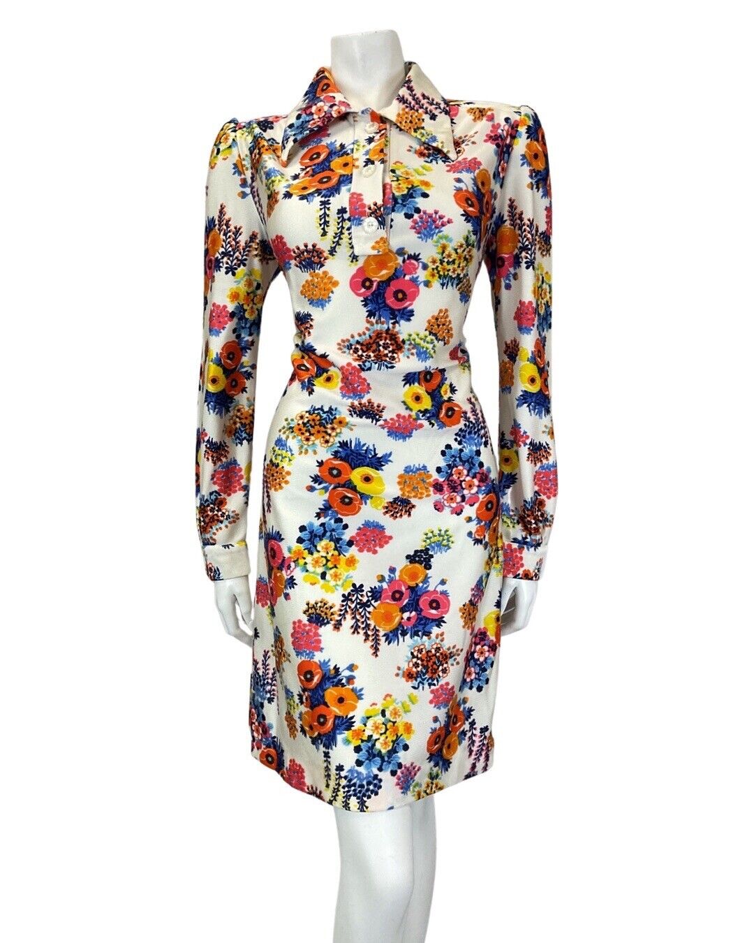 VINTAGE 60s 70s WHITE BLUE PINK FLORAL BOUQUET MOD DAGGER SHIRT DRESS 12 14