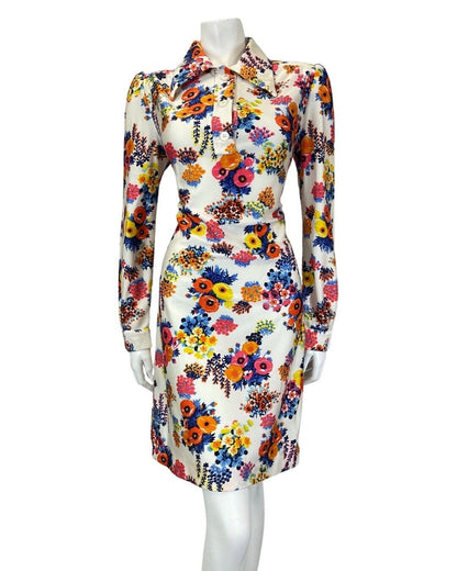 VINTAGE 60s 70s WHITE BLUE PINK FLORAL BOUQUET MOD DAGGER SHIRT DRESS 12 14