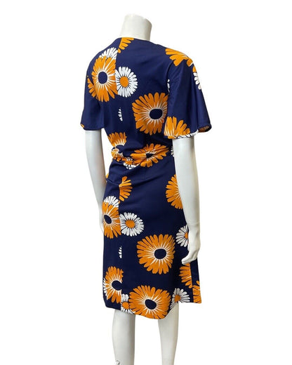 VINTAGE 60s 70s BLUE ORANGE WHITE DAISY FLOWER FLARED SLEEVE MOD DRESS 14 16