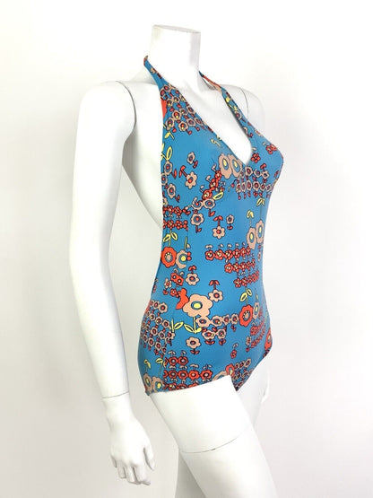 VTG 60s 70s BLUE ORANGE FLORAL DAISY MOD PSYCHEDELIC BATHING SWIM SUIT 8 10