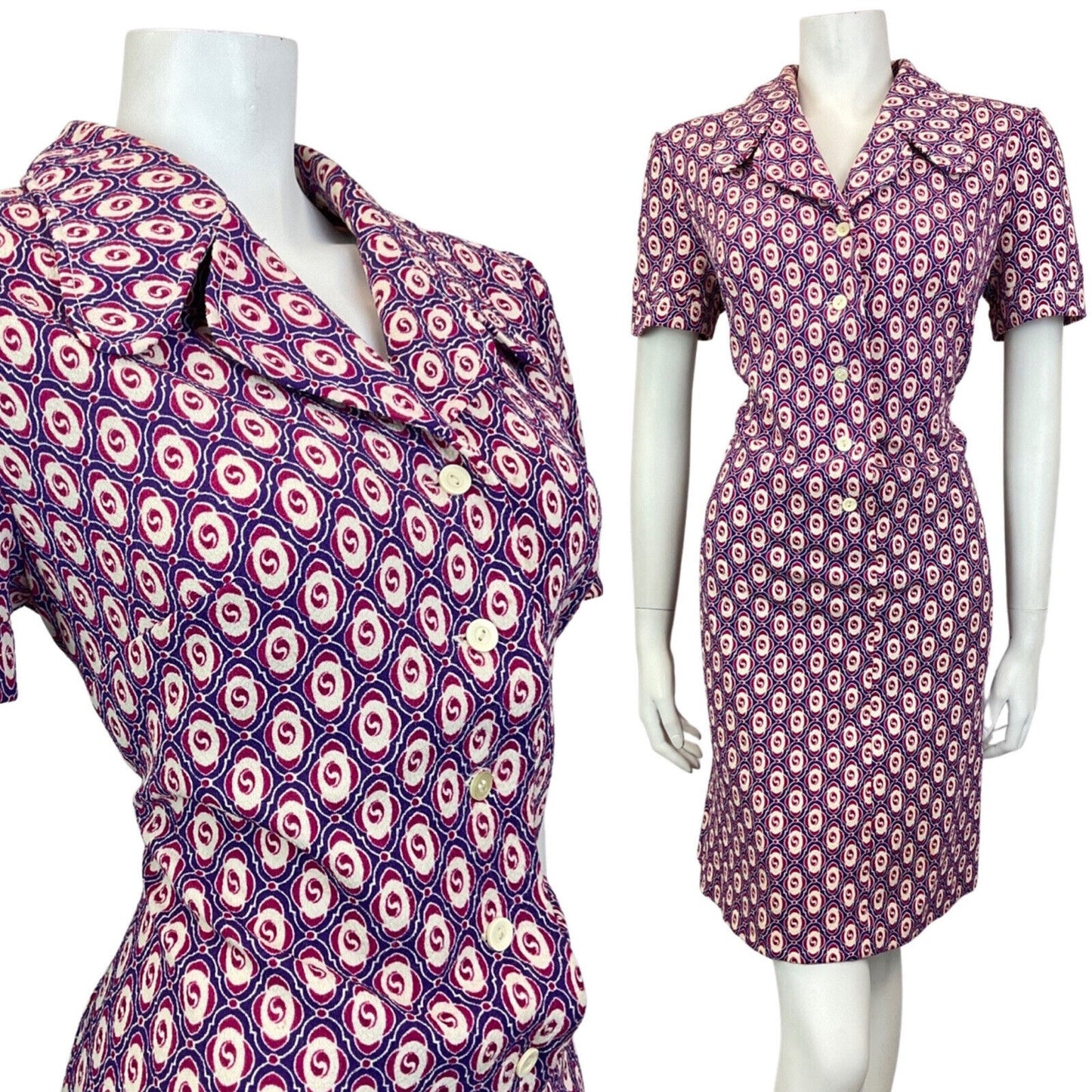 VINTAGE 60s 70s PURPLE PINK CREAM GEOMETRIC TILED MOD SHIRT DRESS 16