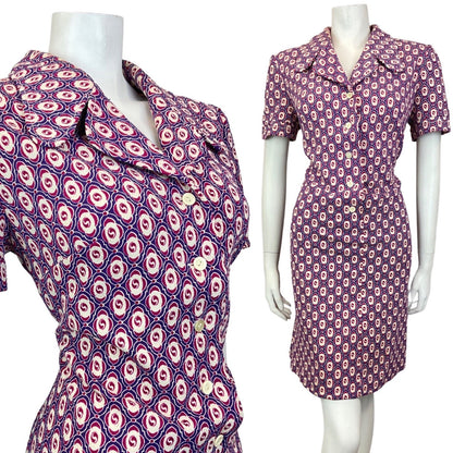 VINTAGE 60s 70s PURPLE PINK CREAM GEOMETRIC TILED MOD SHIRT DRESS 16