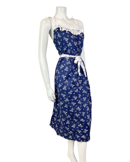 VINTAGE 70s BLUE WHITE FLORAL GRAPE VINE BOHO PRAIRIE SUMMER SUN-DRESS 18 20