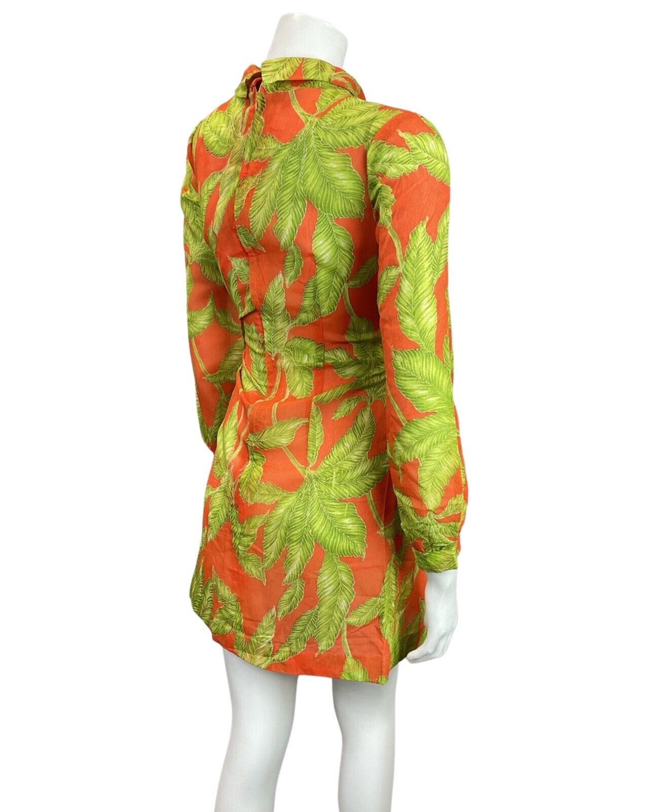 VINTAGE 60s 70s ORANGE GREEN PALM LEAF SHEER TURTLENECK MOD SHIFT DRESS 8 10