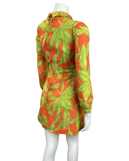 VINTAGE 60s 70s ORANGE GREEN PALM LEAF SHEER TURTLENECK MOD SHIFT DRESS 8 10