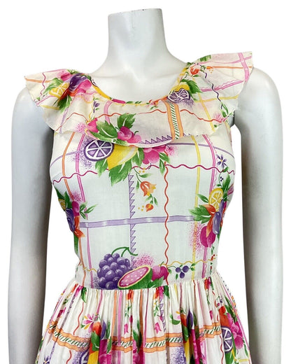VINTAGE 60s 70s WHITE PURPLE GREEN YELLOW FLORAL FRUITS RUFFLED SUMMER DRESS 8