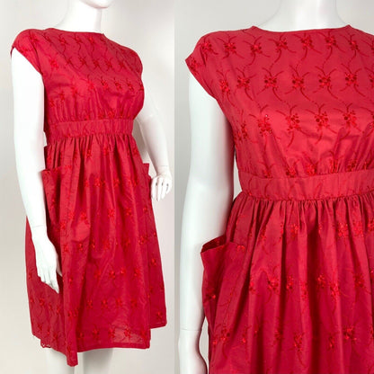 VINTAGE 60s 70s PILLARBOX RED EMBROIDERED FLORAL ANGLAISE SUMMER DRESS 12 14