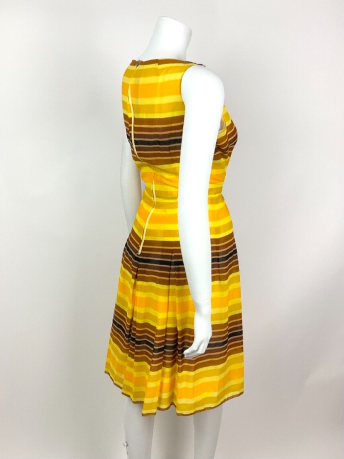 VINTAGE 60s 70s YELLOW ORANGE BROWN STRIPED SHEER SUMMER DRESS 10