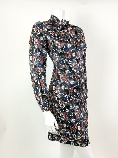 VINTAGE 60s 70s WHITE BLUE BLACK PINK FLORAL DITSY PUSSYBOW SHIFT DRESS 12 14