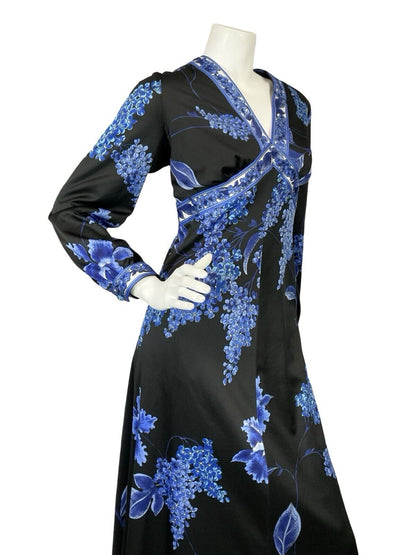 VTG 70S BLACK BLUE FLORAL PLUNGING NECKLINE BOHO HIPPY MAXI LONG SLEEVE DRESS 16