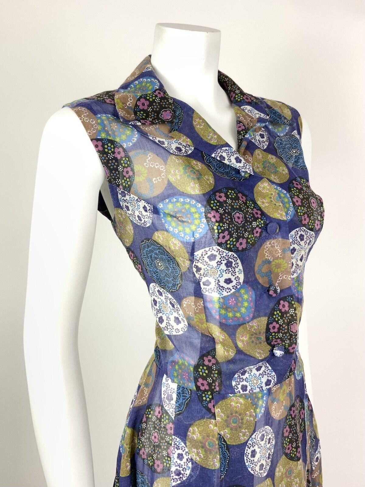 VINTAGE 60s 70s BLUE BLUE PINK GREEN DOTTY FLORAL MANDALA SHEER SUMMER DRESS 12