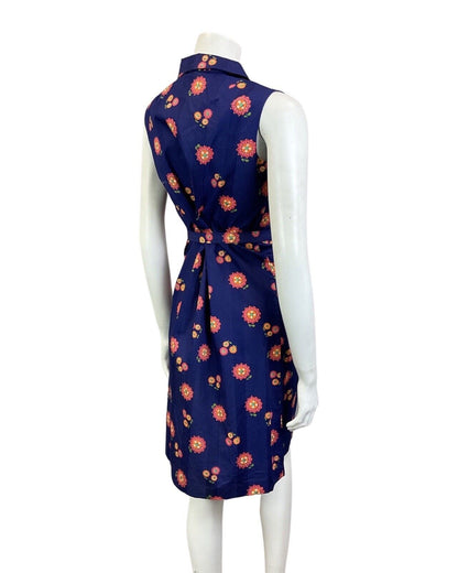 VINTAGE 60s 70s NAVY BLUE PINK ORANGE FLOWER DAISY MOD BELTED SHIRT DRESS 10 12