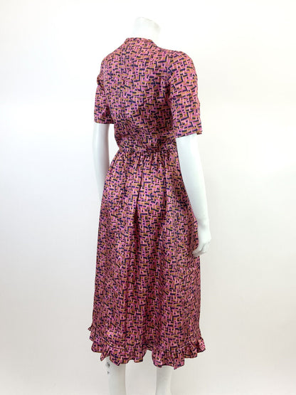 VINTAGE 60s 70s PINK BLUE GOLD BASKETWEAVE GEOMETRIC PSYCHEDELIC MOD DRESS 8 10